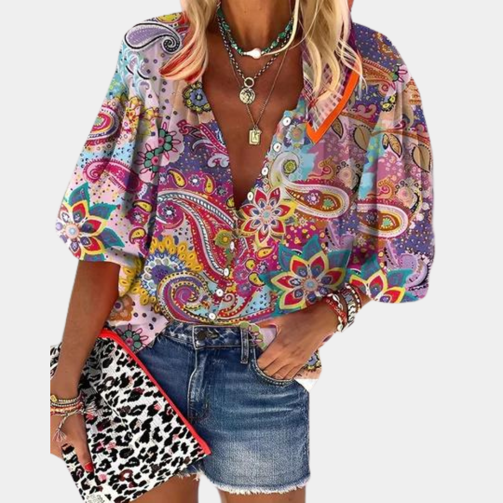 Paisley Print Loose Fit Puff Sleeve Blouse