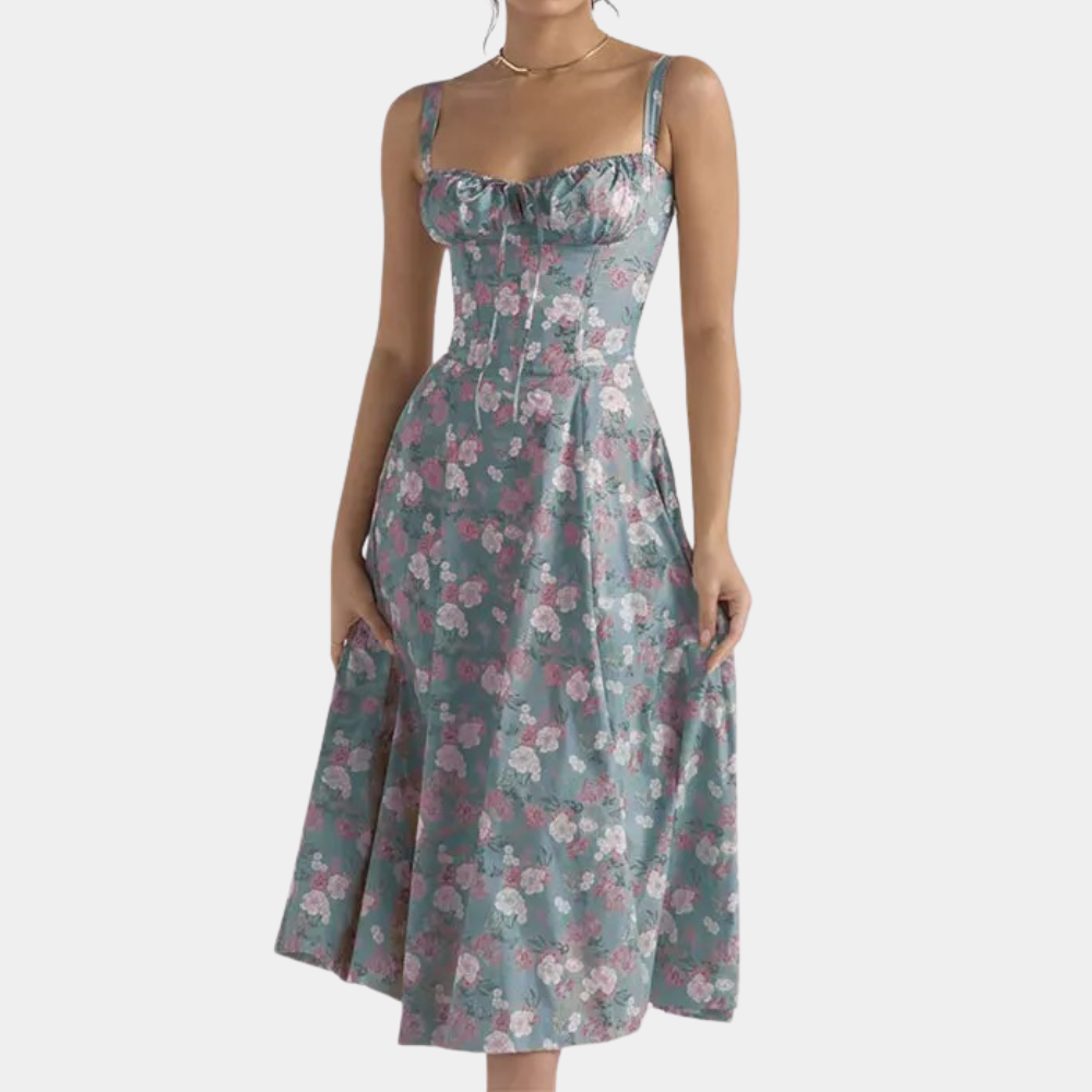 Women's Summer Dress - A-line Fit - Midi Length - Spaghetti Straps & Sweet Neckline
