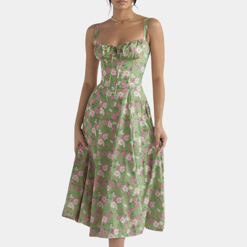 Women's Summer Dress - A-line Fit - Midi Length - Spaghetti Straps & Sweet Neckline
