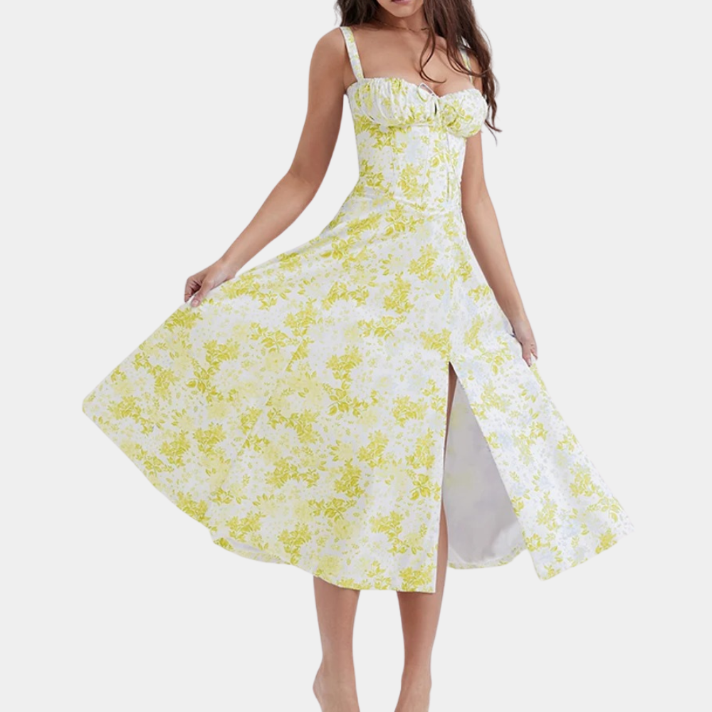 Women's Summer Dress - A-line Fit - Midi Length - Spaghetti Straps & Sweet Neckline