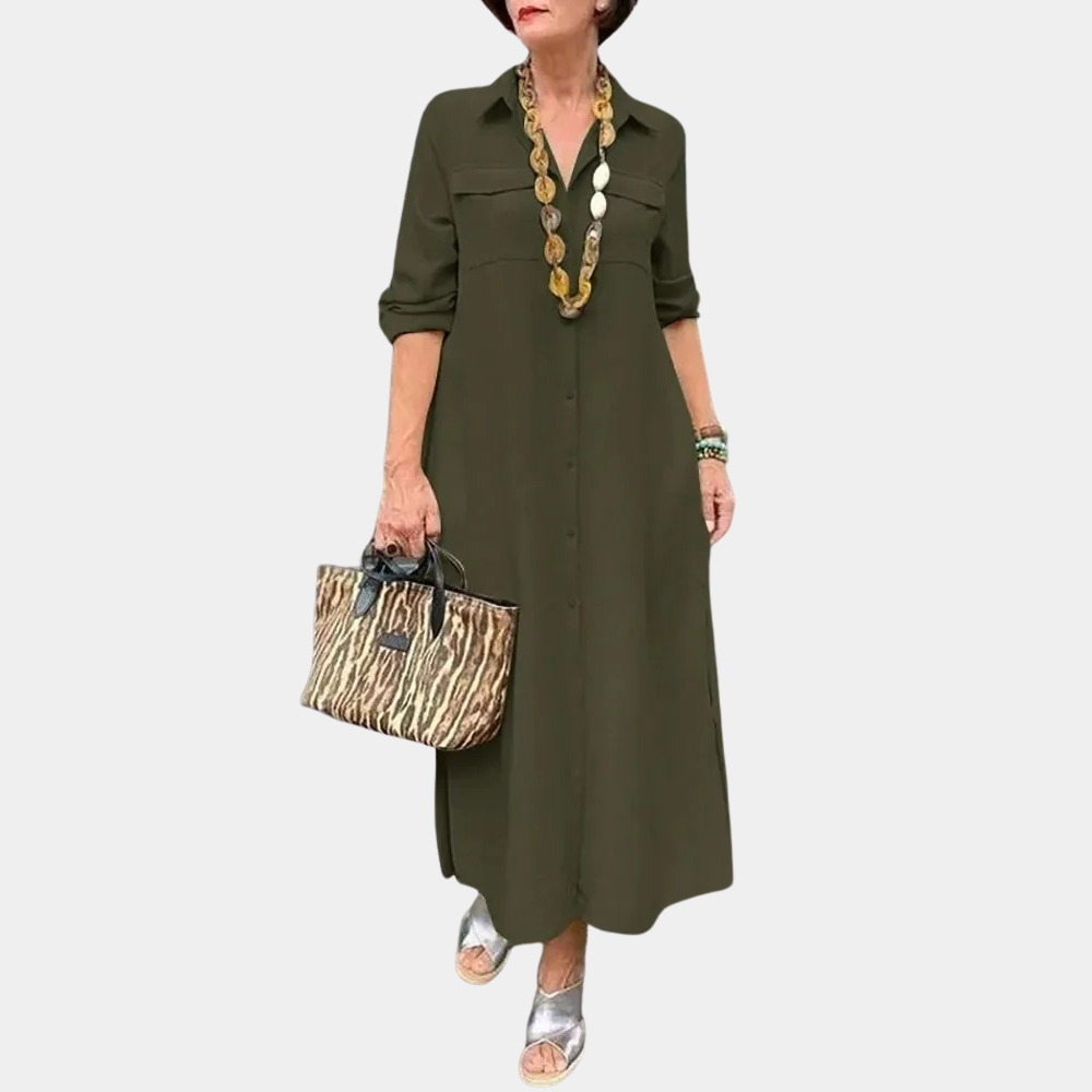 Maxi Long Sleeve Chest Pockets Shirt Dress