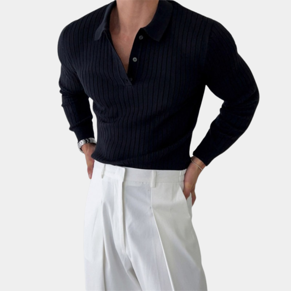 Herre Polosweater - Ribstrikket - Slim Fit - Langærmet - Klassisk Krave