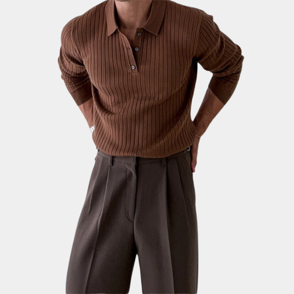 Men's Polo Sweater - Ribbed Knit - Slim Fit - Long Sleeve - Classic Collar