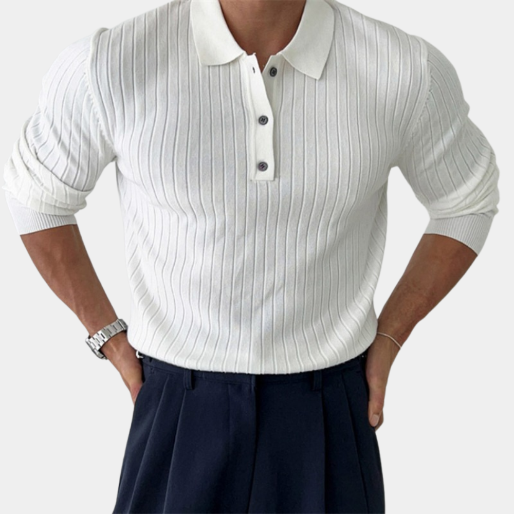 Men's Polo Sweater - Ribbed Knit - Slim Fit - Long Sleeve - Classic Collar