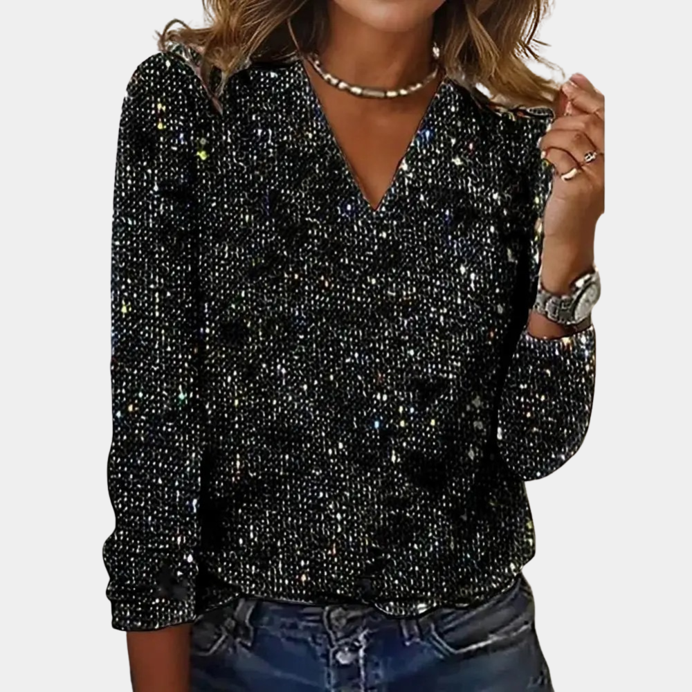 Dame Bluse - V-Hals Pailletter - Langærmet Festlig Elegant Top