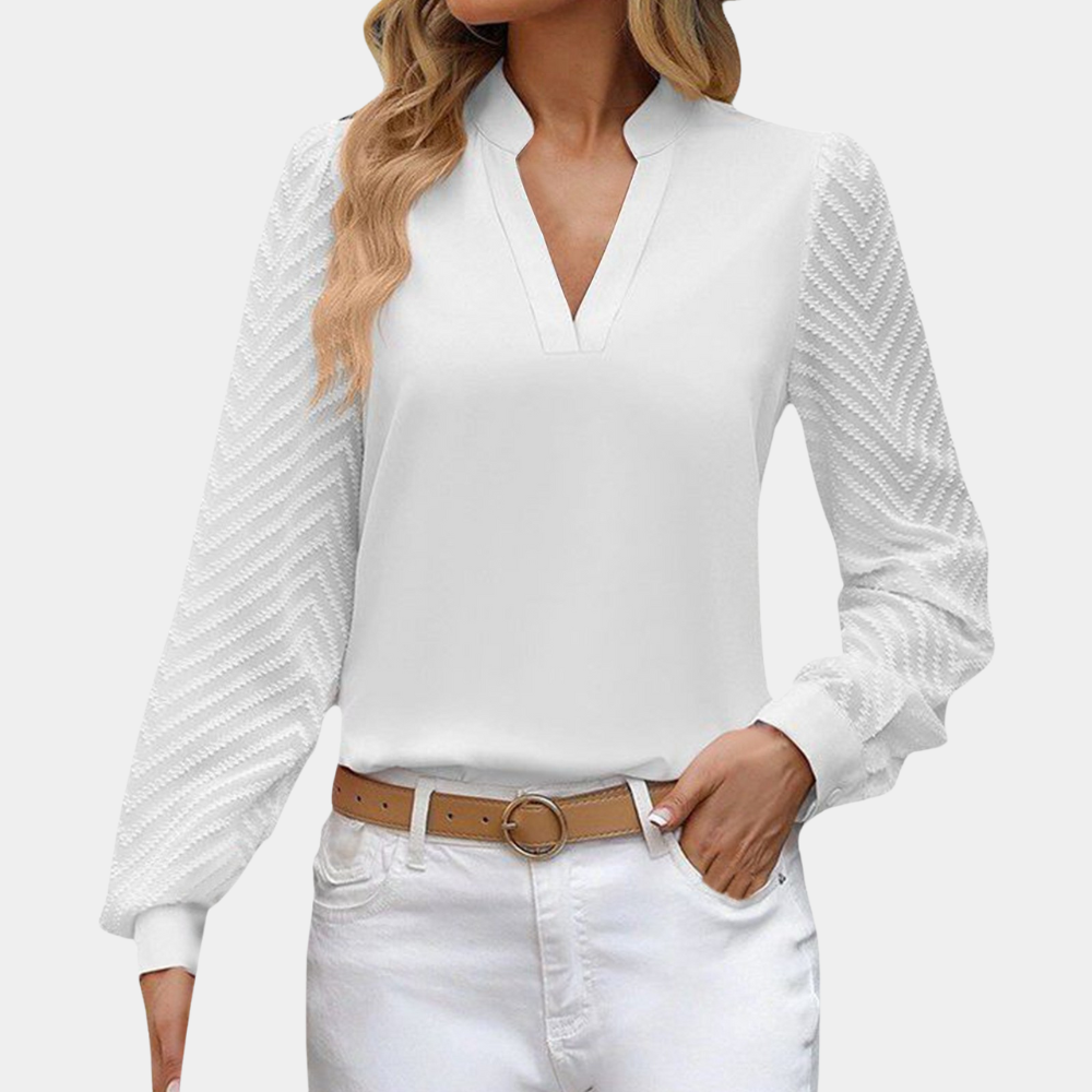 Women's Blouse - V-Neck - Long Sleeves with Pattern - Elegant and Light Fit