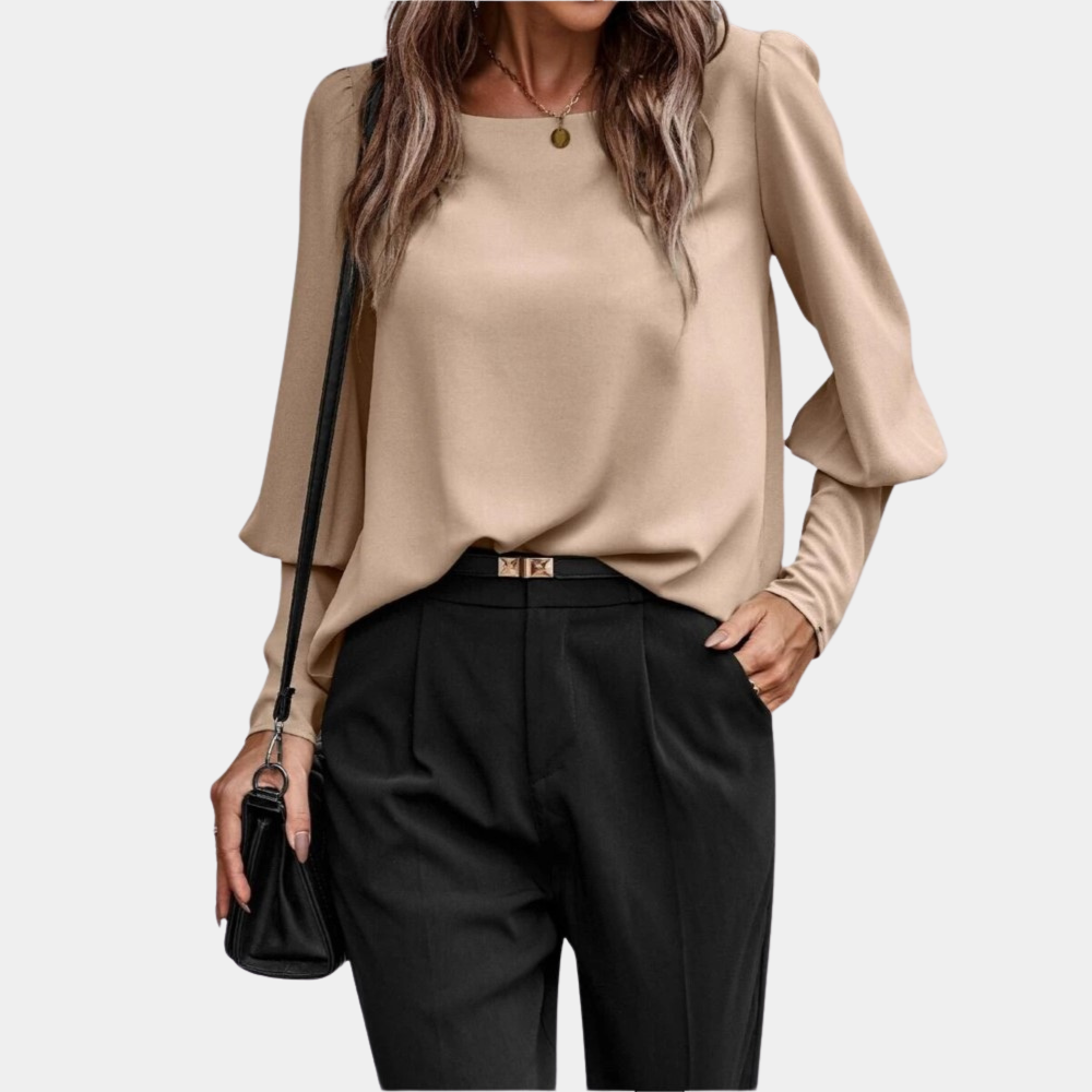 Dame Bluse - Relaxed Fit - Lange Ærmer med Let Puf - Klassisk Rund Hals