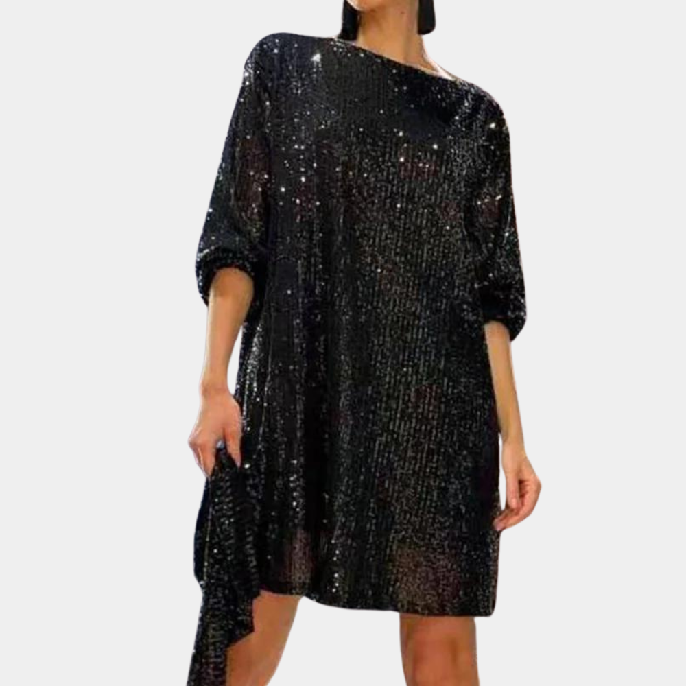 Women's Sequin Dress - Knee Length - Loose Fit - 3/4 Sleeves - Belt at Waist