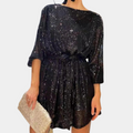 Women's Sequin Dress - Knee Length - Loose Fit - 3/4 Sleeves - Belt at Waist