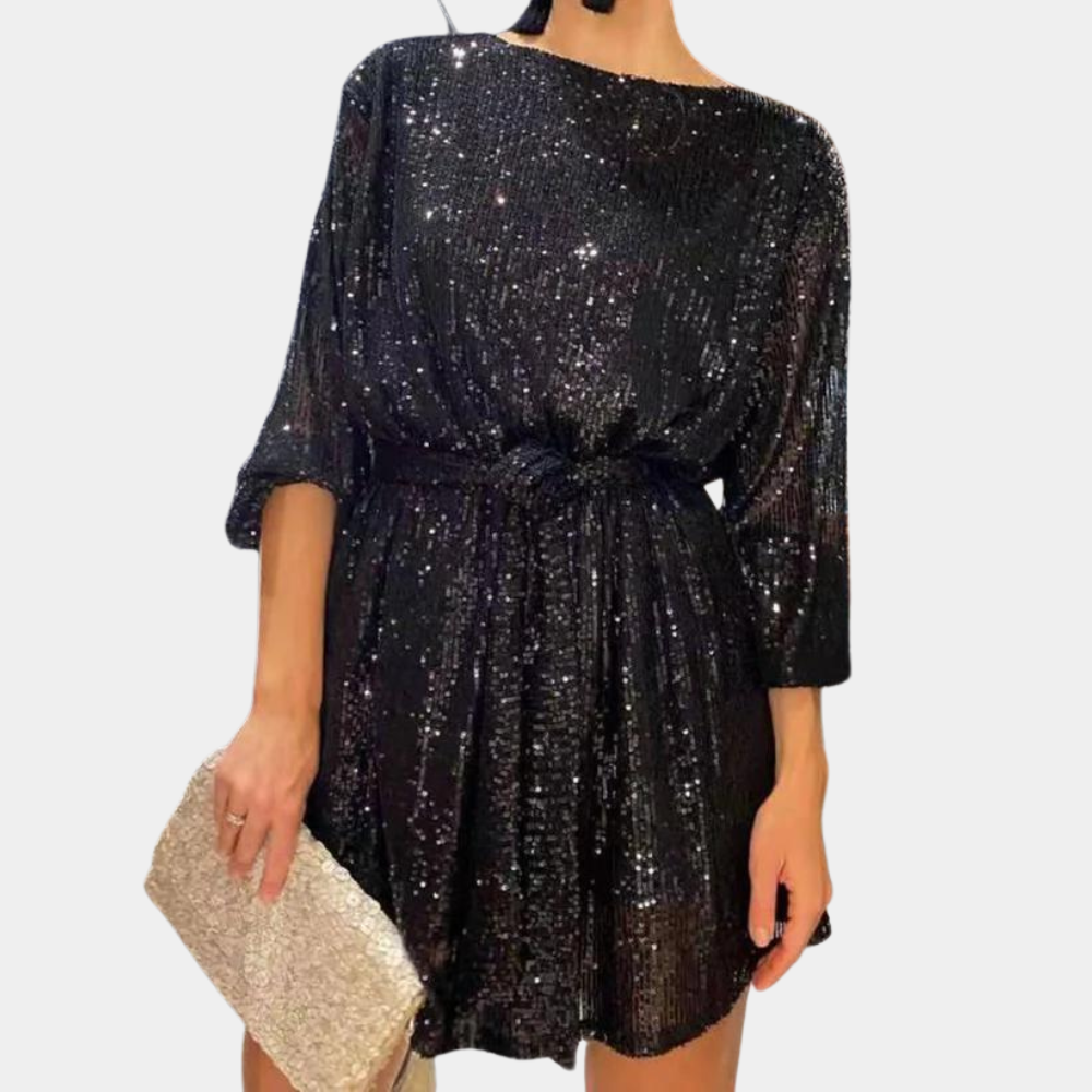 Women's Sequin Dress - Knee Length - Loose Fit - 3/4 Sleeves - Belt at Waist