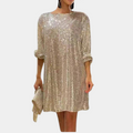 Women's Sequin Dress - Knee Length - Loose Fit - 3/4 Sleeves - Belt at Waist