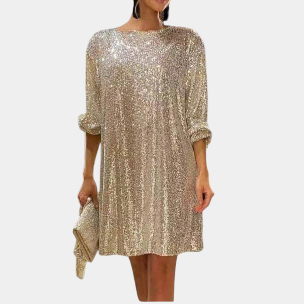 Women's Sequin Dress - Knee Length - Loose Fit - 3/4 Sleeves - Belt at Waist