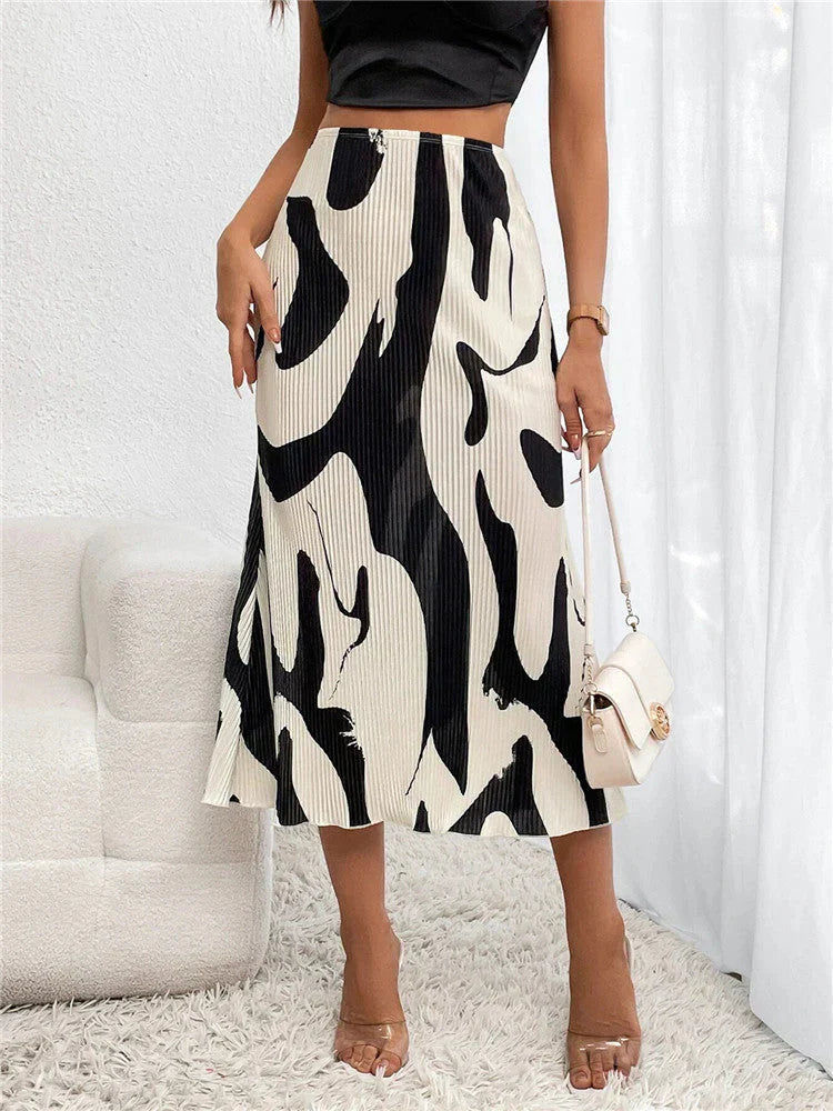 High Waist Pleated A-line Midi Skirt