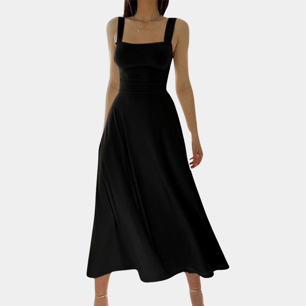 Women's Midi Dress – Square Neckline – Wide Straps – A-Line Fit