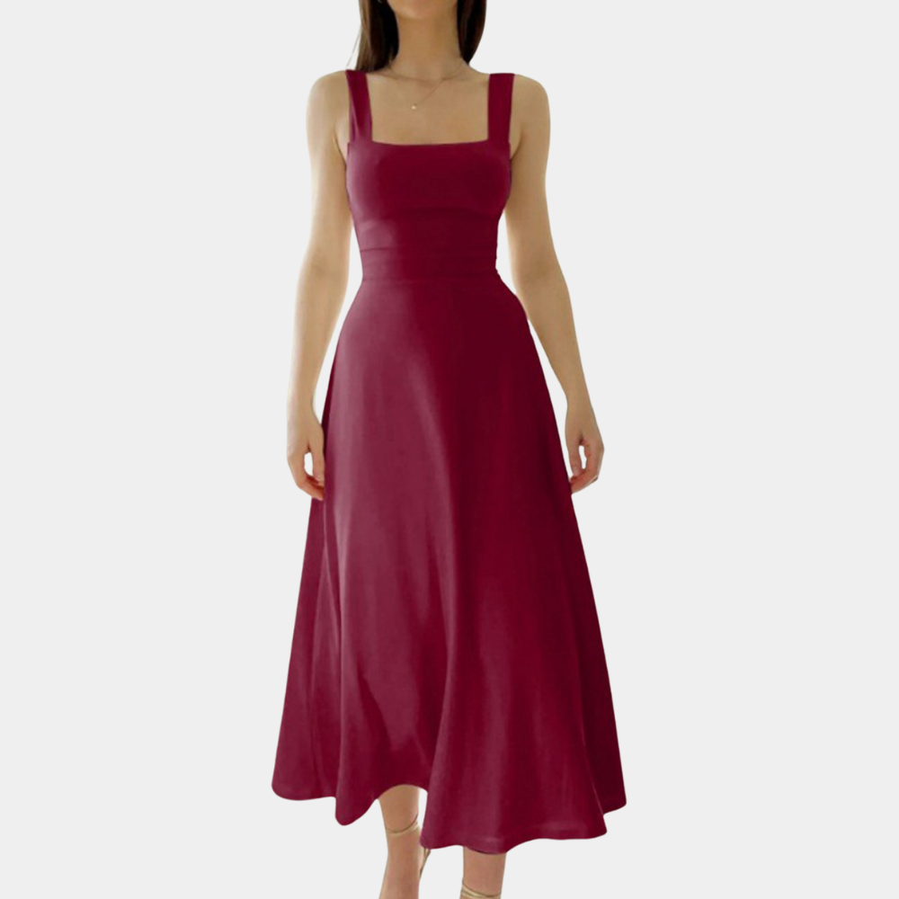 Women's Midi Dress – Square Neckline – Wide Straps – A-Line Fit