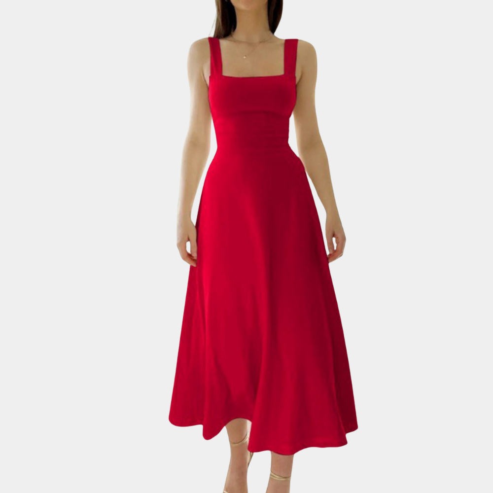 Women's Midi Dress – Square Neckline – Wide Straps – A-Line Fit