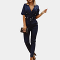 Women's Jumpsuit - Tailored Fit - V-Neck - Short Sleeve - Belt with Buckle