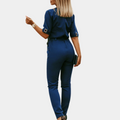 Women's Jumpsuit - Tailored Fit - V-Neck - Short Sleeve - Belt with Buckle