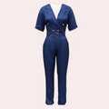 Women's Jumpsuit - Tailored Fit - V-Neck - Short Sleeve - Belt with Buckle