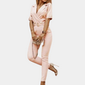 Women's Jumpsuit - Tailored Fit - V-Neck - Short Sleeve - Belt with Buckle