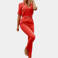 Women's Jumpsuit - Tailored Fit - V-Neck - Short Sleeve - Belt with Buckle