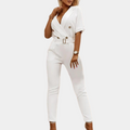 Women's Jumpsuit - Tailored Fit - V-Neck - Short Sleeve - Belt with Buckle