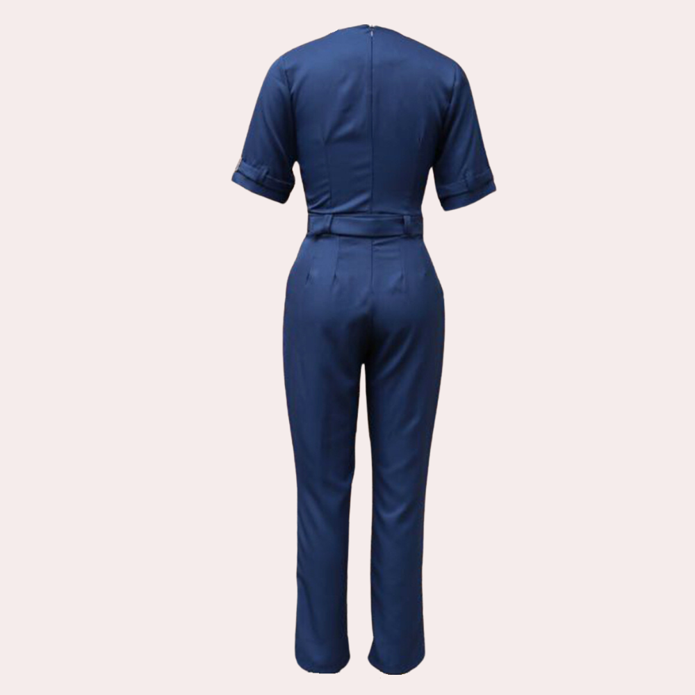 Women's Jumpsuit - Tailored Fit - V-Neck - Short Sleeve - Belt with Buckle