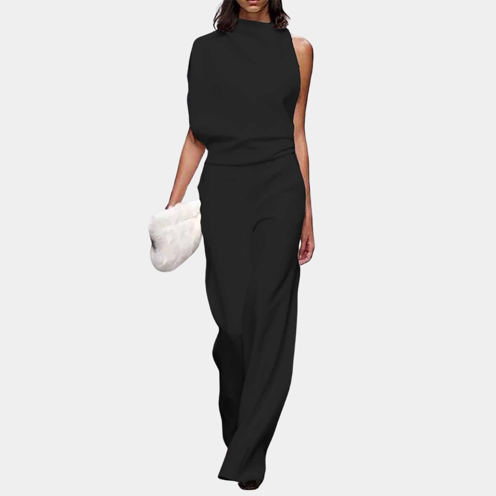 Women's Jumpsuit - Sleeveless with High Neck - Asymmetrical Drape - Elegant and Stylish