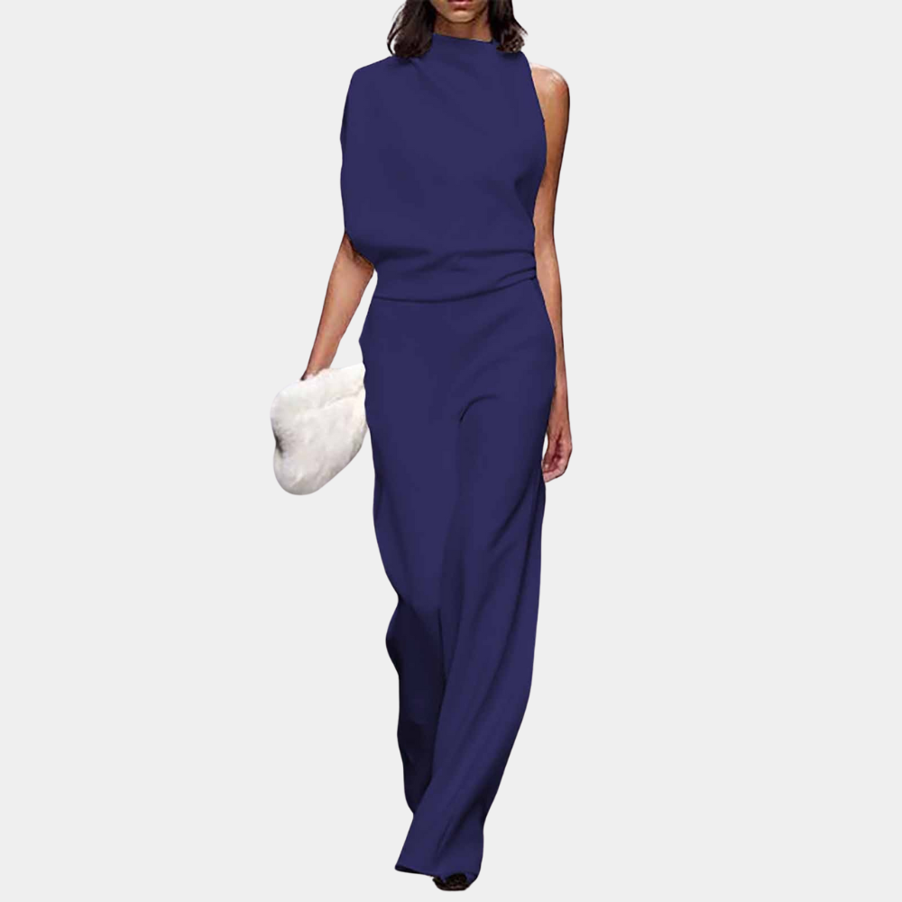 Women's Jumpsuit - Sleeveless with High Neck - Asymmetrical Drape - Elegant and Stylish
