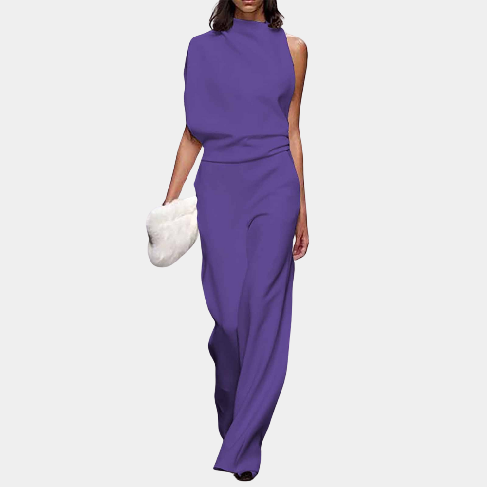 Women's Jumpsuit - Sleeveless with High Neck - Asymmetrical Drape - Elegant and Stylish