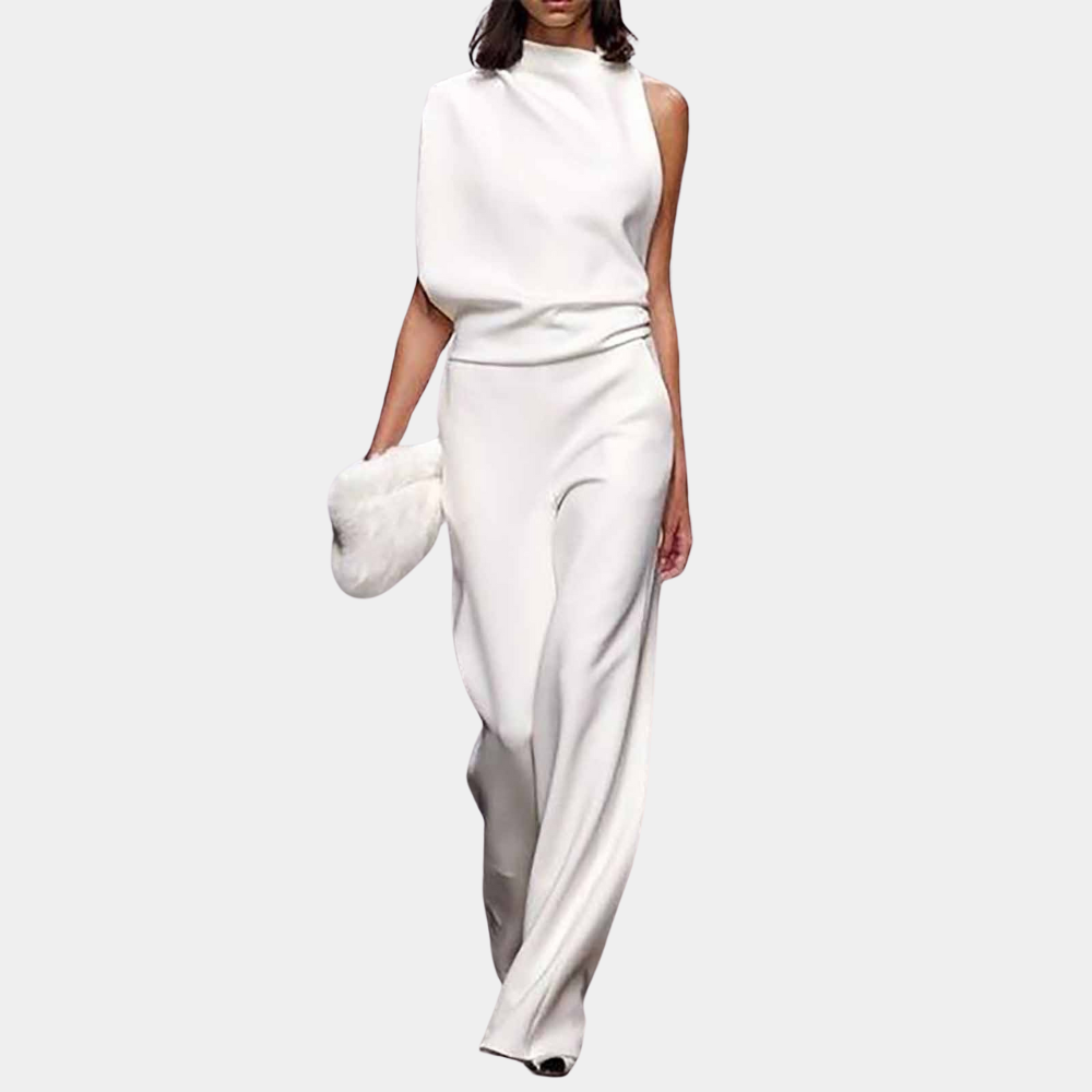 Women's Jumpsuit - Sleeveless with High Neck - Asymmetrical Drape - Elegant and Stylish