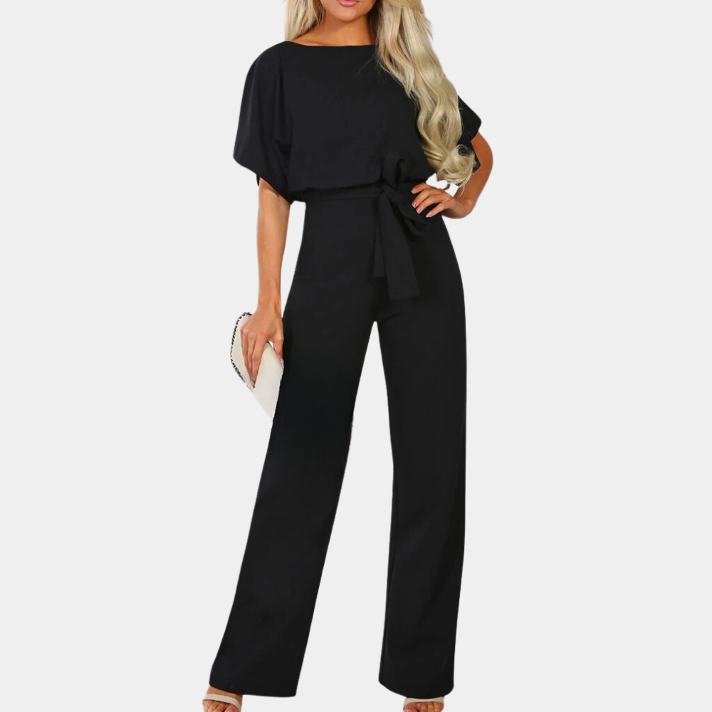 Women's Jumpsuit - Loose Fit - Short Sleeves - High-Waisted with Tie Belt