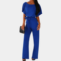 Women's Jumpsuit - Loose Fit - Short Sleeves - High-Waisted with Tie Belt