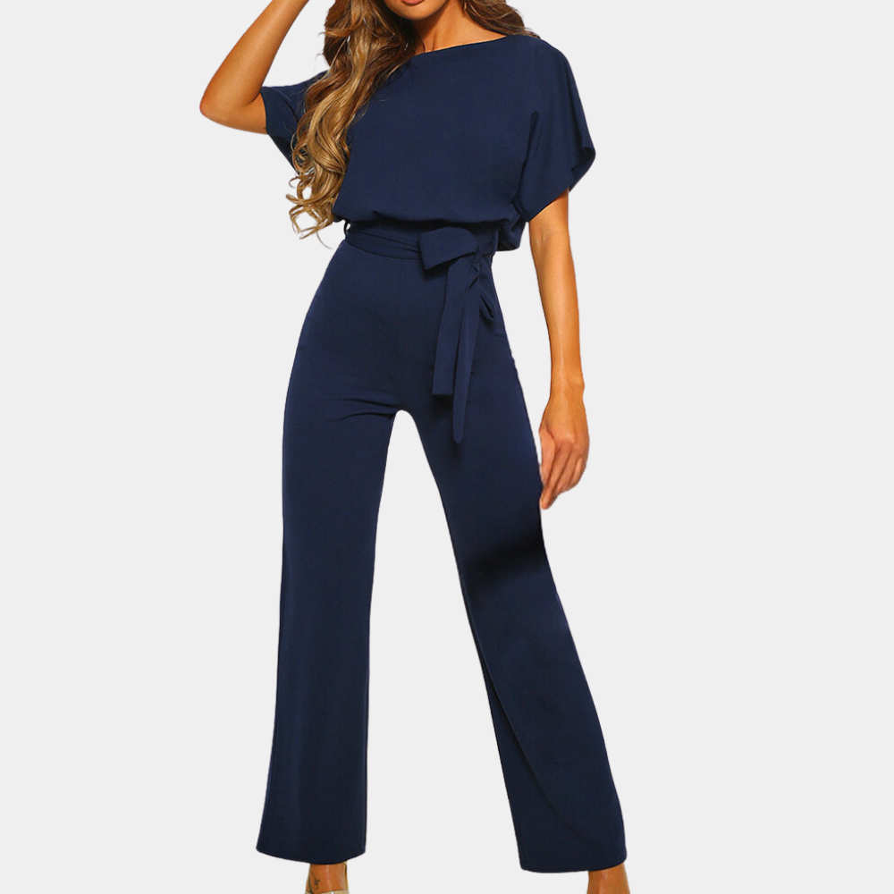 Women's Jumpsuit - Loose Fit - Short Sleeves - High-Waisted with Tie Belt