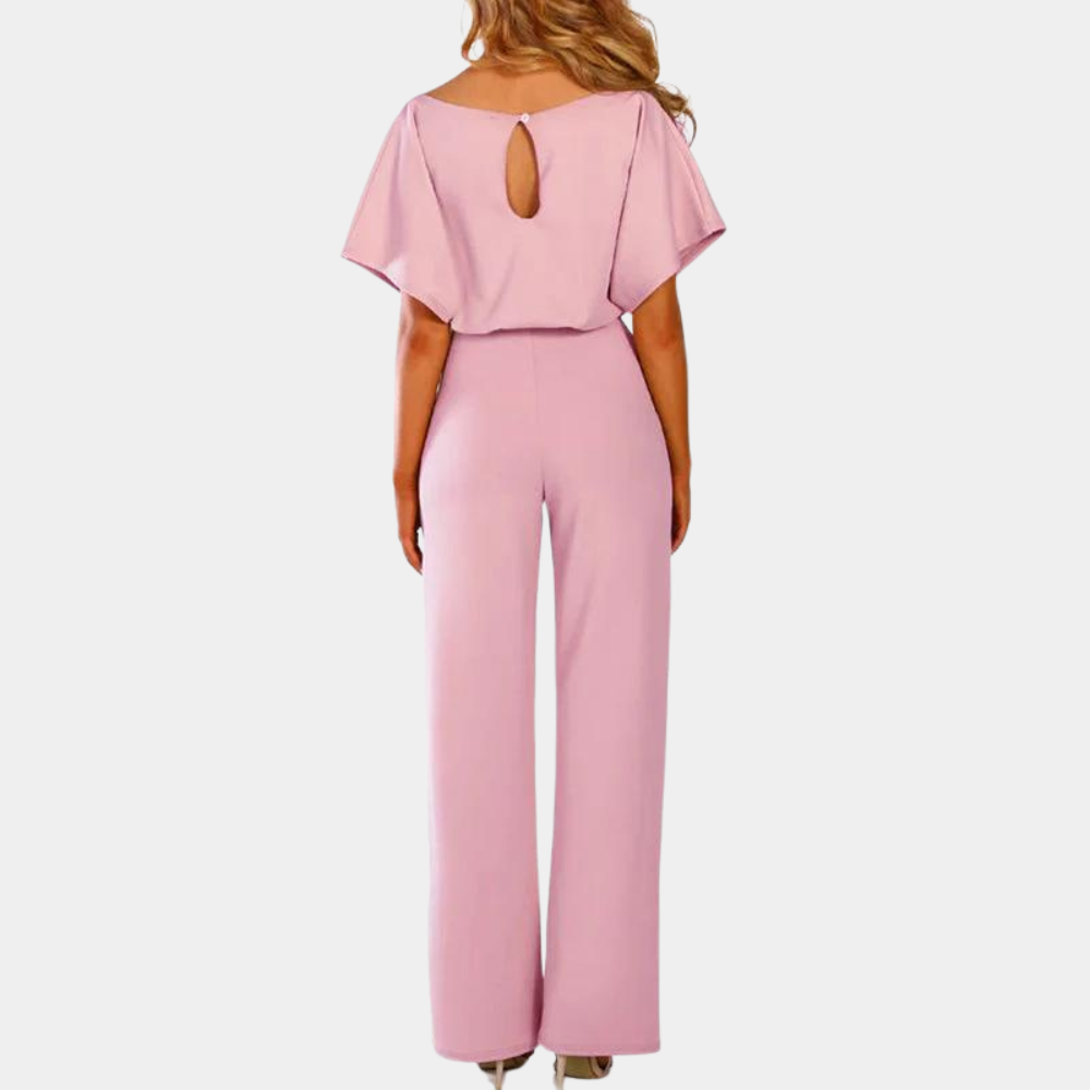 Women's Jumpsuit - Loose Fit - Short Sleeves - High-Waisted with Tie Belt