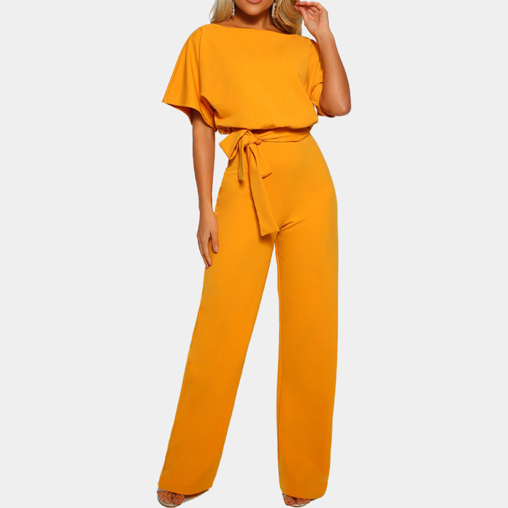 Women's Jumpsuit - Loose Fit - Short Sleeves - High-Waisted with Tie Belt