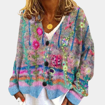 Dame Cardigan - Oversized Strik - Blomstermønster - V-Hals Knaplukning