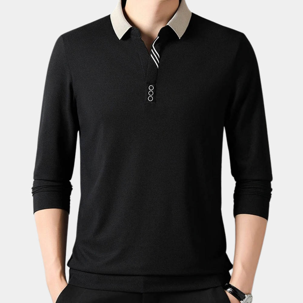 Herre Poloshirt - Langærmet Strik - Kontrastkrave - Slim Fit - Komfortabel