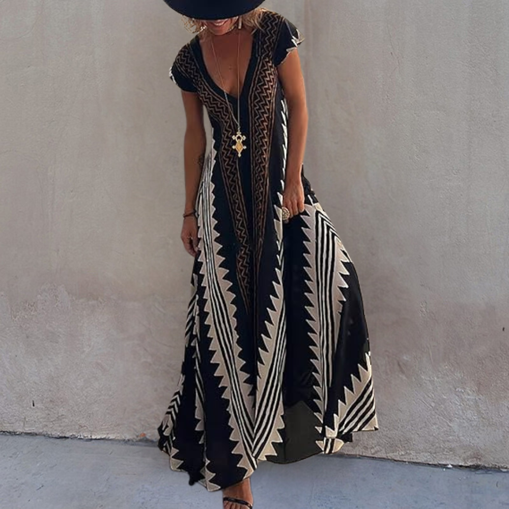 Women's Maxi Dress - Sleeveless V-neck - Light and Loose Fit - Geometric Pattern