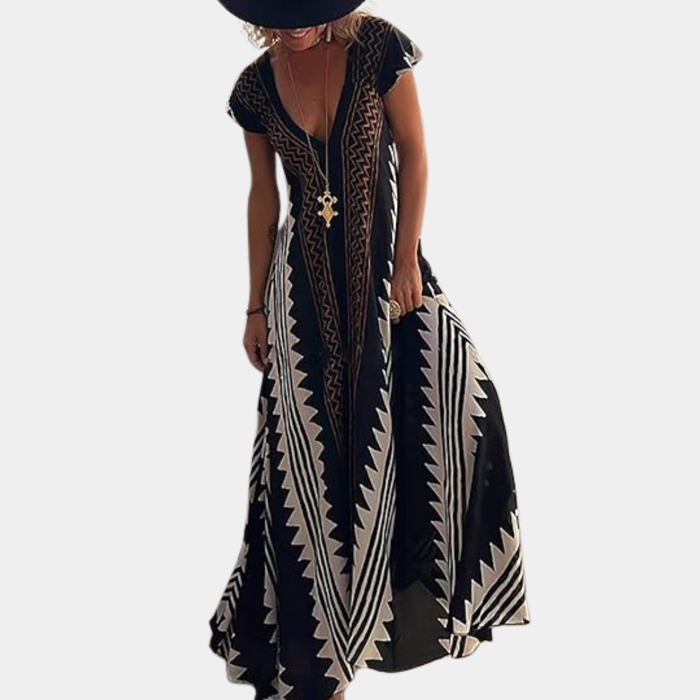 Women's Maxi Dress - Sleeveless V-neck - Light and Loose Fit - Geometric Pattern