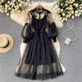 Dress for women - High collar - Lace & embroidery - Long puff sleeves - Tulle skirt
