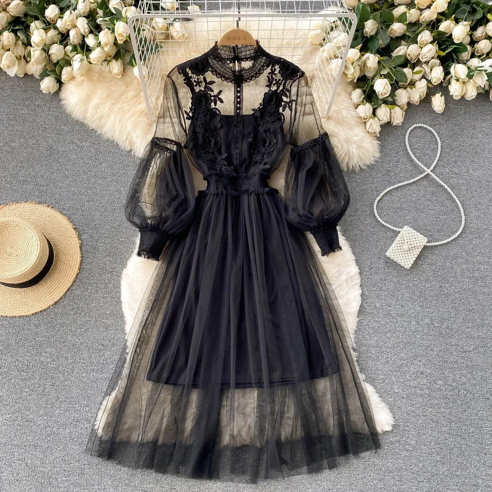Dress for women - High collar - Lace & embroidery - Long puff sleeves - Tulle skirt