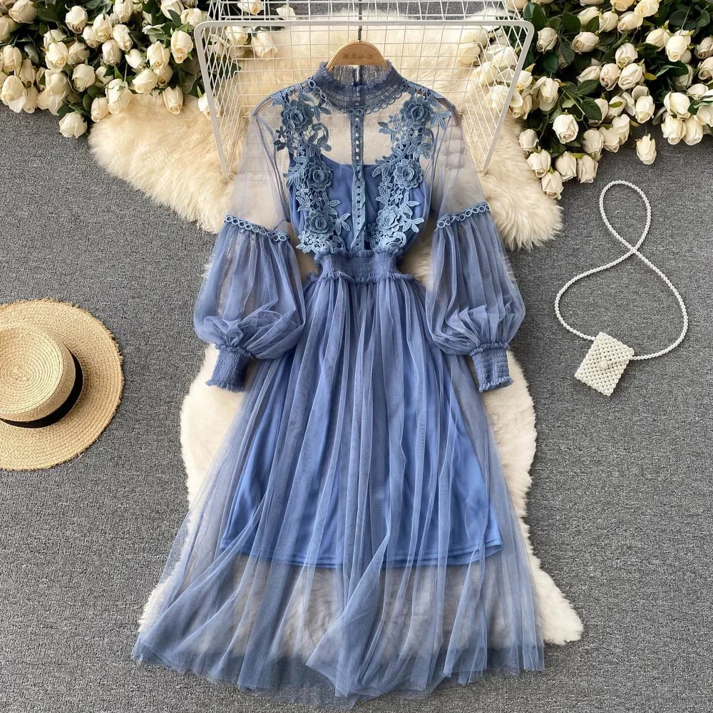 Lace Embroidered Tulle Puff Sleeve Dress