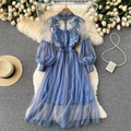 Dress for women - High collar - Lace & embroidery - Long puff sleeves - Tulle skirt