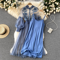 Dress for women - High collar - Lace & embroidery - Long puff sleeves - Tulle skirt