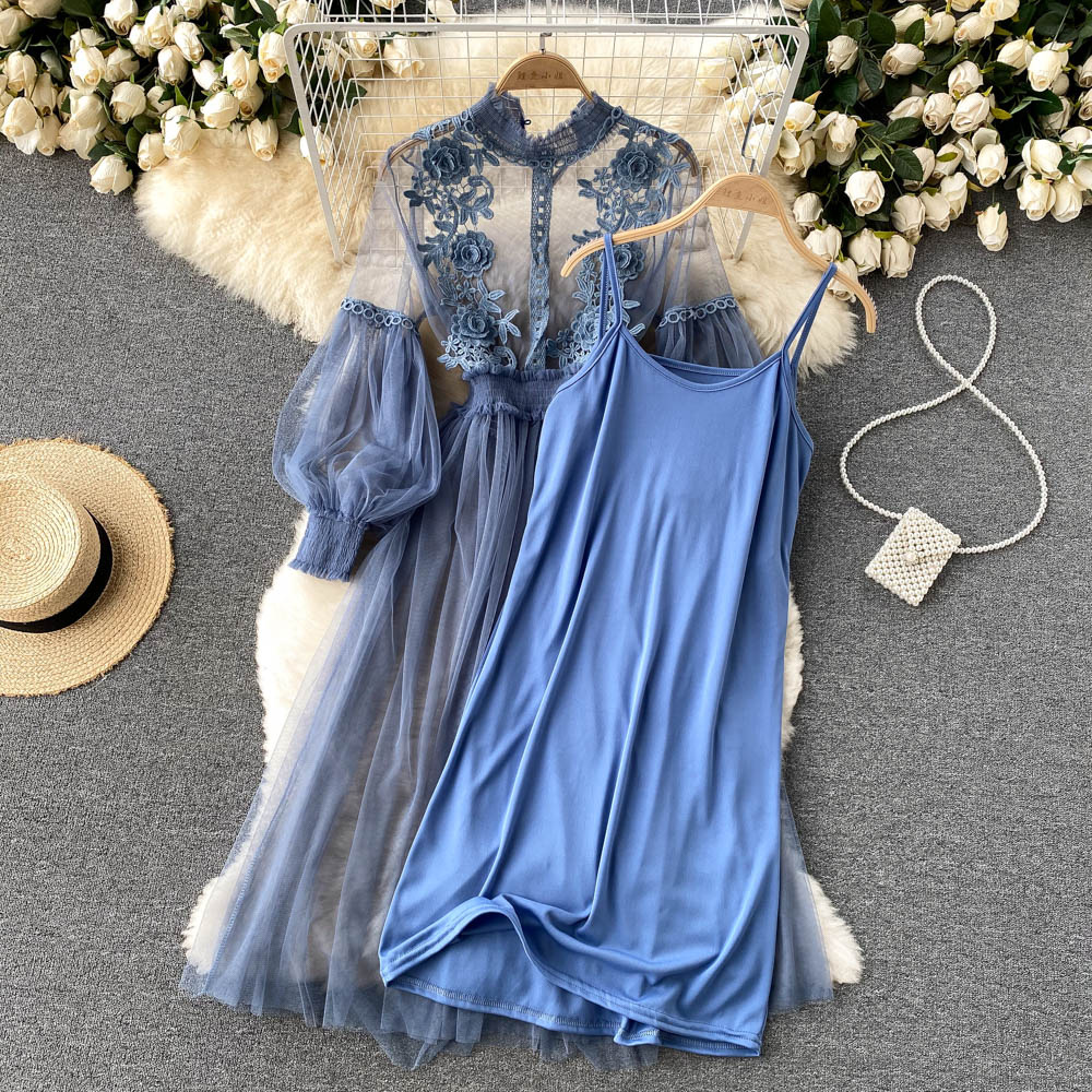 Dress for women - High collar - Lace & embroidery - Long puff sleeves - Tulle skirt