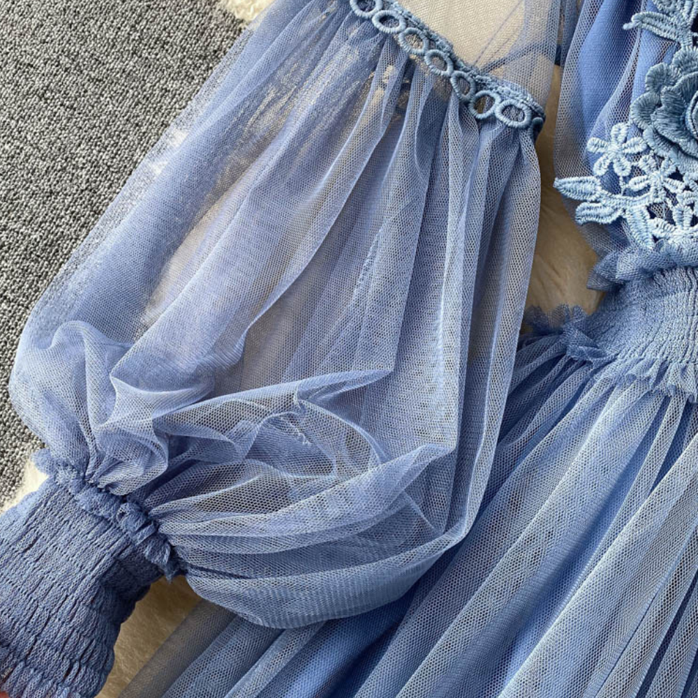 Dress for women - High collar - Lace & embroidery - Long puff sleeves - Tulle skirt