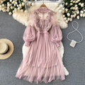 Dress for women - High collar - Lace & embroidery - Long puff sleeves - Tulle skirt