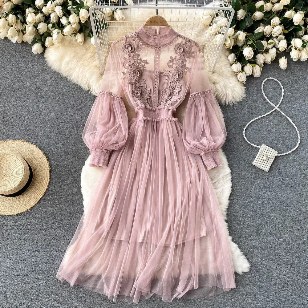 Dress for women - High collar - Lace & embroidery - Long puff sleeves - Tulle skirt