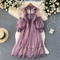 Dress for women - High collar - Lace & embroidery - Long puff sleeves - Tulle skirt
